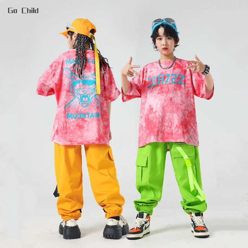 Boys Hip Hop Tie-dyed T-shirt Vest Street Dance Cargo Pants Girls Colorful Tee Clothes Sets Kids Streetwear Child Jazz Costumes