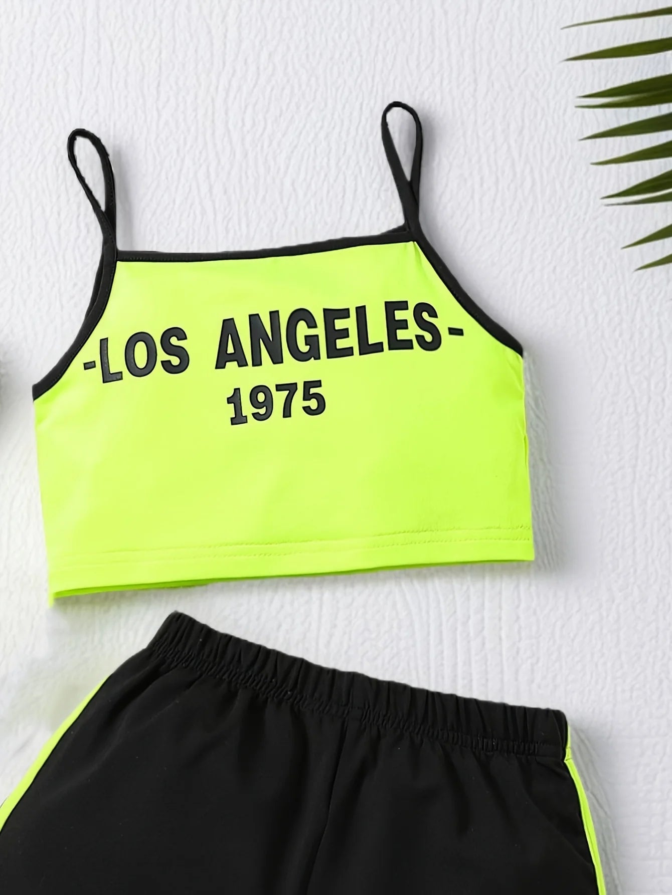 Girls 2 Piece Outfit, Neon Letter Print Spaghetti Cami Top Athletic Shorts Soft Kids for Daily Summer Casual Street Sports Wear