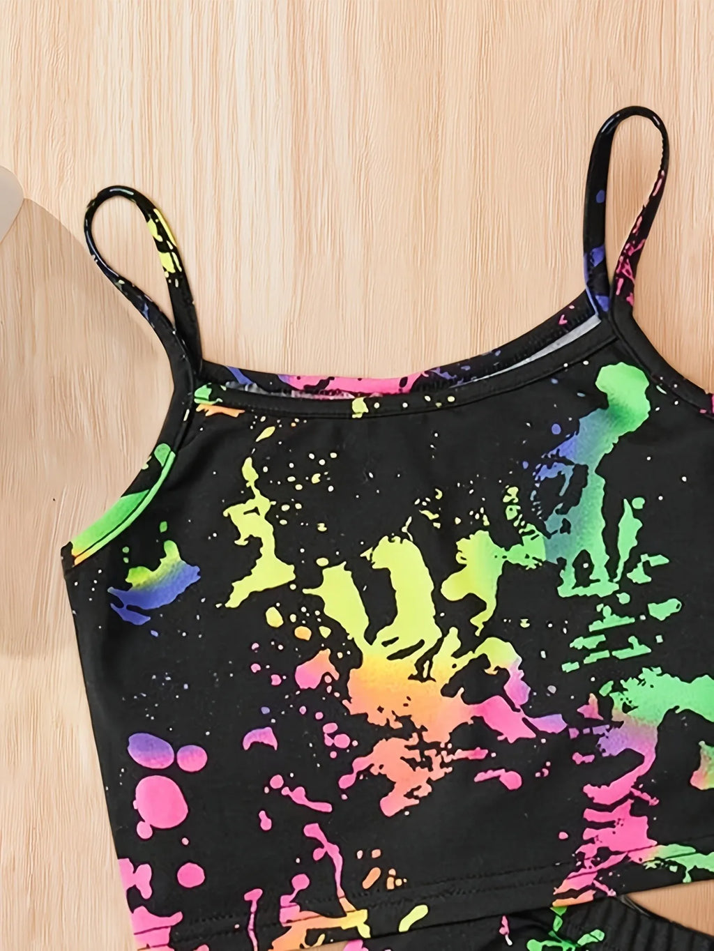 Neon Splatter Girls 2 Piece Shorts Set Black Cami Top & Colorful Print Stretch Pants Cute Casual Outfit