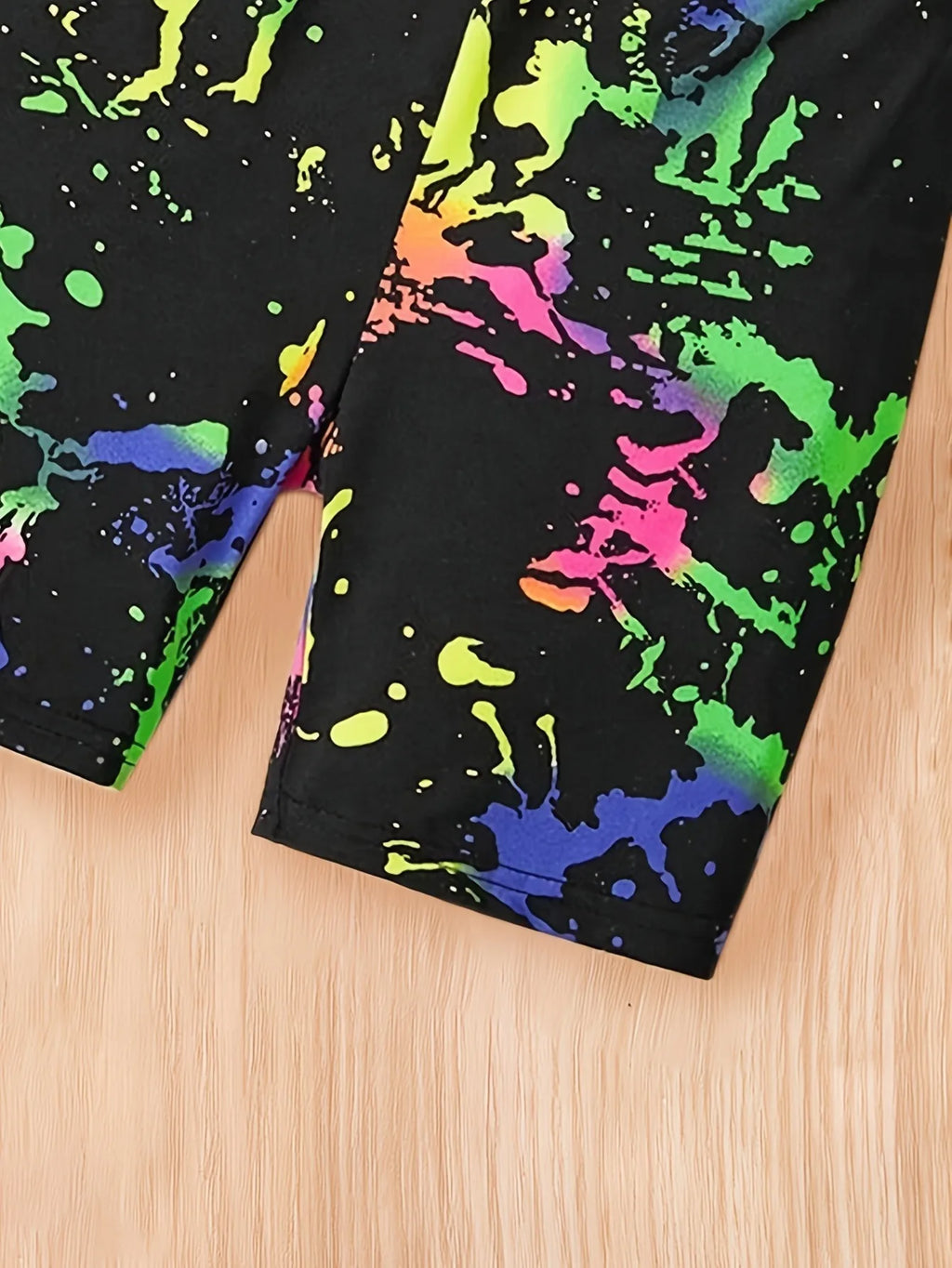 Neon Splatter Girls 2 Piece Shorts Set Black Cami Top & Colorful Print Stretch Pants Cute Casual Outfit