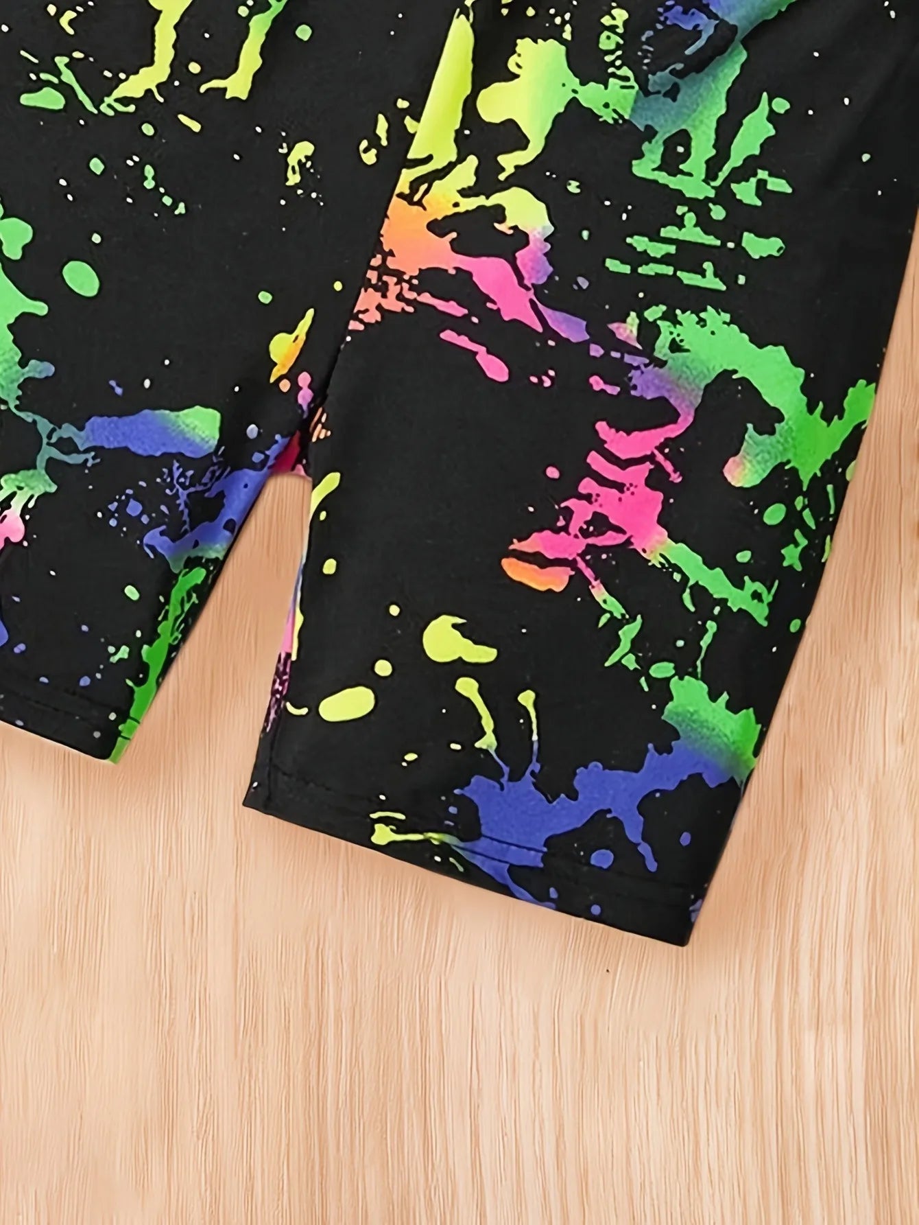Neon Splatter Girls 2 Piece Shorts Set Black Cami Top & Colorful Print Stretch Pants Cute Casual Outfit