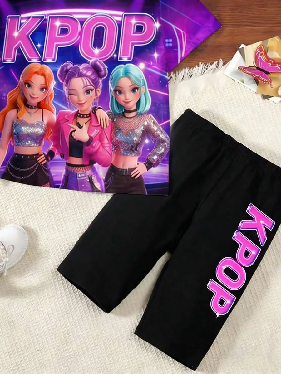 Girls' Purple Neon K-Pop Stage-Style Short-Sleeve Set: All-Over Print T-Shirt and Shorts with Vertical Side Lettering (2-Piece S