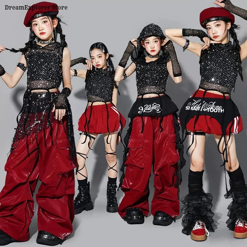 Girls K-pop Sequin Crop Hoodies Cargo Pants Street Dance Skirt Child Hip Hop Costume Kids Streetwear Jazz Girl Group Clothes Set