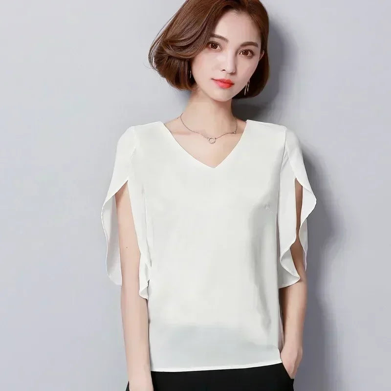 Women Chiffon Short Sleeve Shirt Sexy V-neck Loose Ruffled Chiffon Blouse.