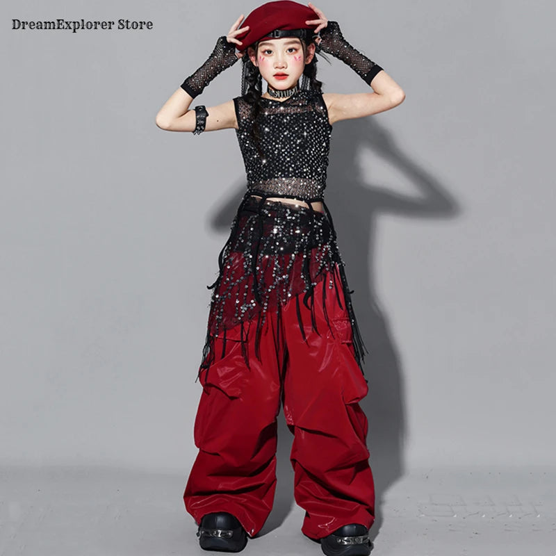 Girls K-pop Sequin Crop Hoodies Cargo Pants Street Dance Skirt Child Hip Hop Costume Kids Streetwear Jazz Girl Group Clothes Set