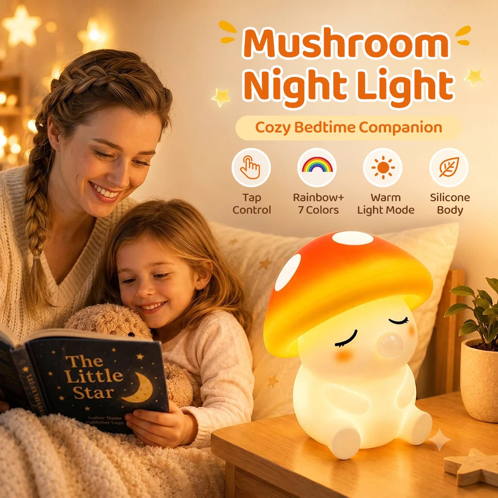Mushroom Night Light Squishy Silicone Nursery Lamp With Tap Control Warm Light and RGB Color Changing Bedside Sleep Light