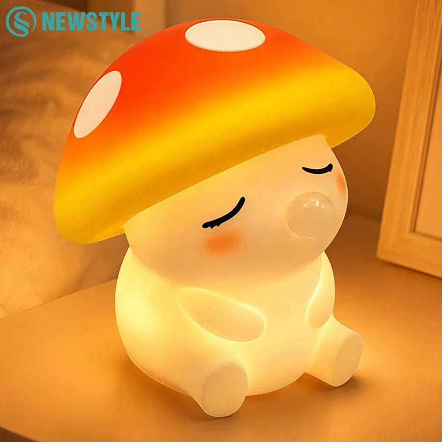 Squishy Mushroom Night Light With RGB Color 2 Brightness Adjustable Nursery Nightlight Rechargeable Silicone Touch Bedside Lamp
