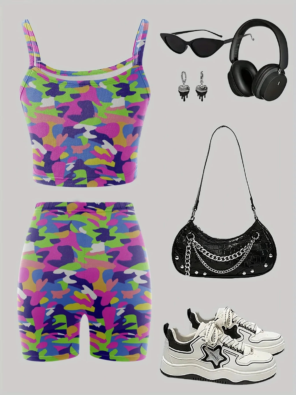 Trendy Girls 2Pcs Colorful Camo Co-Ord, Neon Camouflage Cami Crop Top & Biker Shorts Summer Streetwear Set