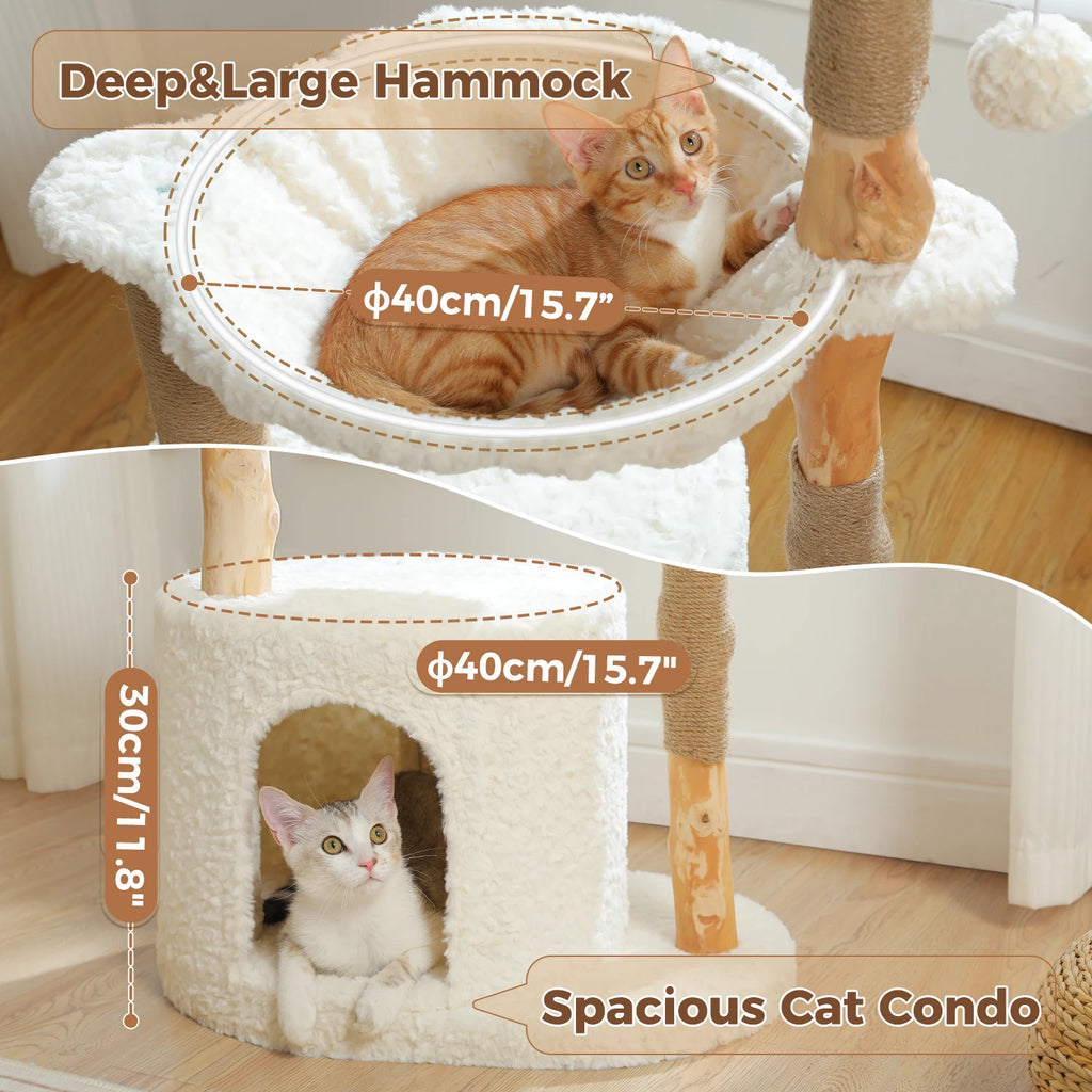 Modern Cat Tree with Large Wicker Basket Natural Solid Wood Scratching Posts Spacious Condo Hammock Luxury Cat Tower for Indoor Cat Toys