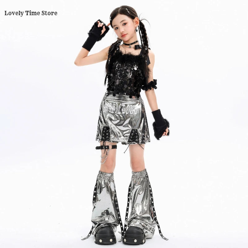 Hip Hop Girls Sequin Crop Top Silver Street Dance Shorts Kids K-pop Streetwear Costumes Children Jazz Girl Group Clothes Sets