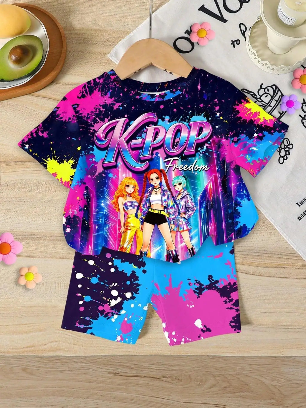 Girls' two-piece outfit featuring a neon ink-wash style with anime-inspired idol aesthetics; includes a crew-neck, short-sleeved