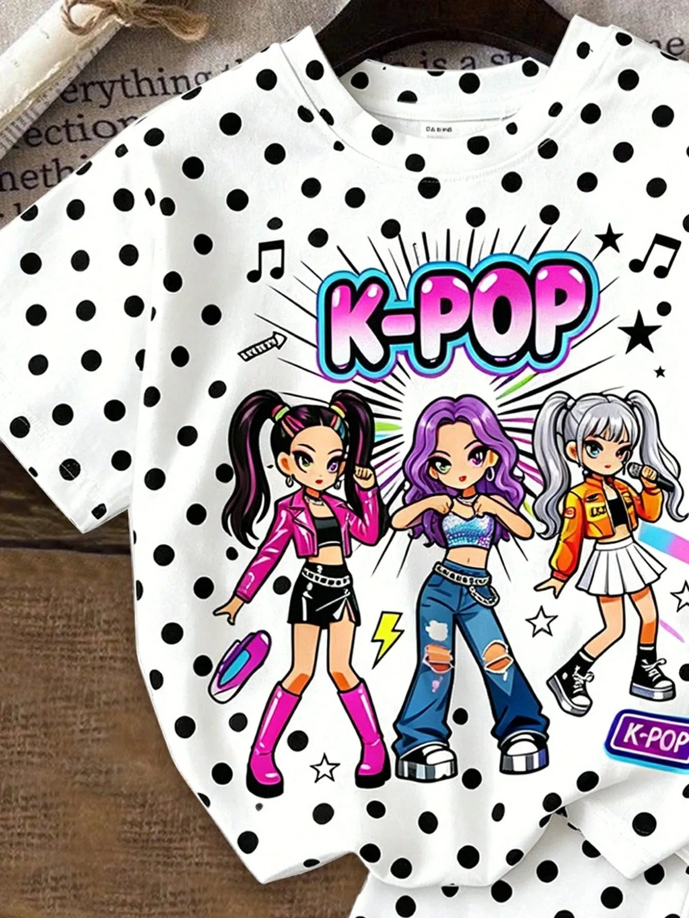 Girls White Polka Dot K-Pop Cartoon 2Pcs Outfit Neon Pop Singer Print Tee Full Dot Matching Graphic Biker Shorts Kids Summer Set