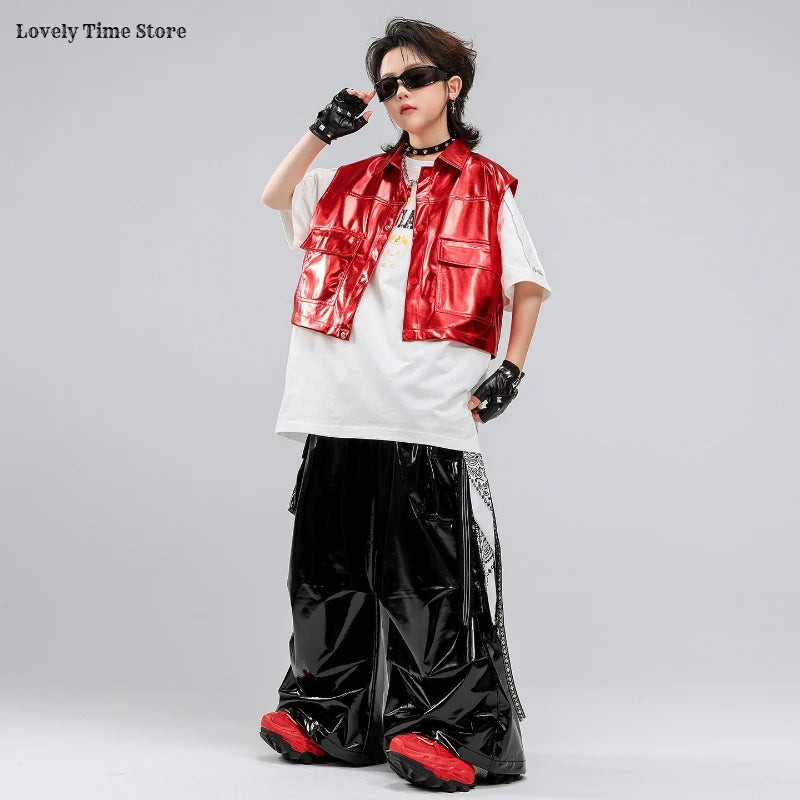 Boys Hip Hop Fashion Shiny Vest T-shirt Street Dance Cargo Pants Girls K-pop Clothes Sets Kids Jazz Costumes Children Streetwear