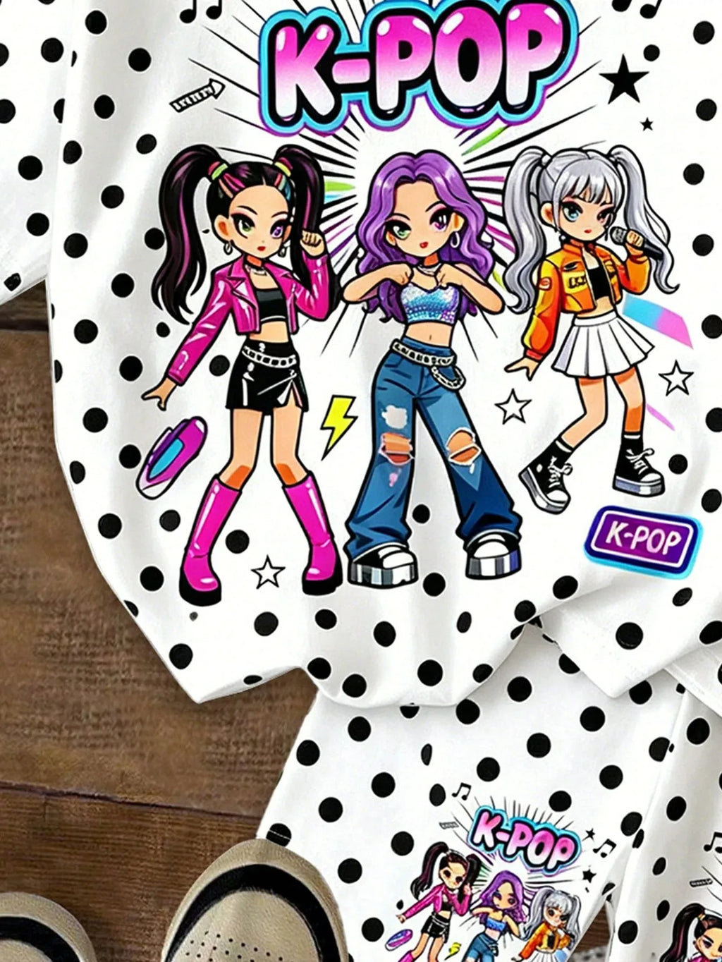 Girls White Polka Dot K-Pop Cartoon 2Pcs Outfit Neon Pop Singer Print Tee Full Dot Matching Graphic Biker Shorts Kids Summer Set