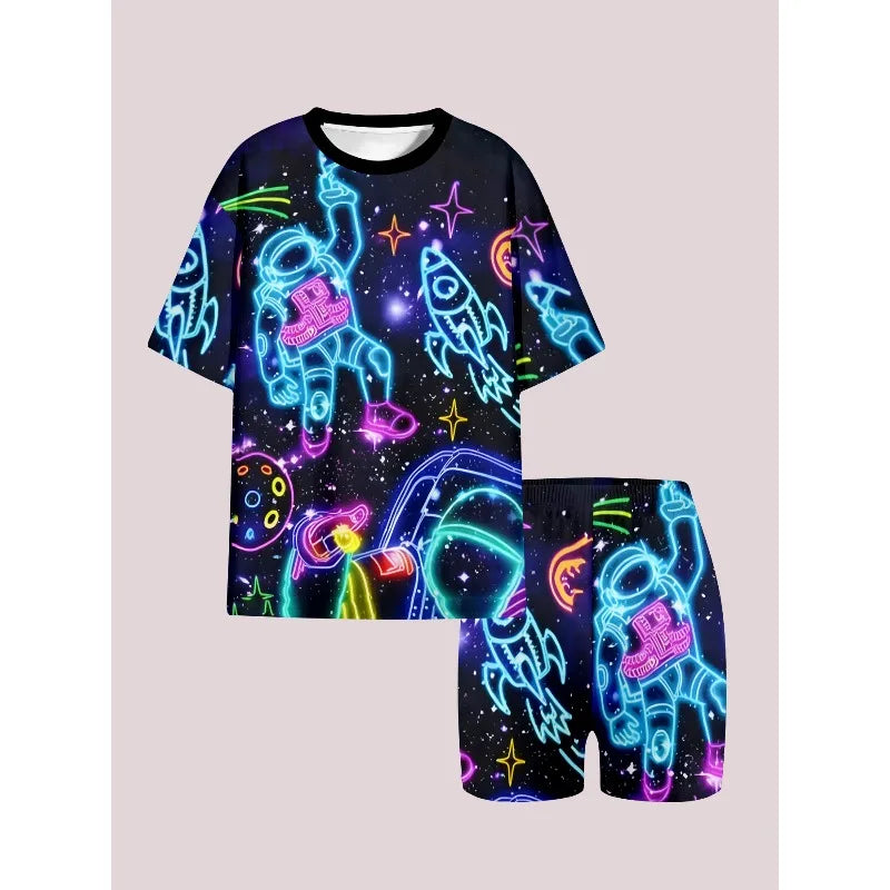 Neon Astronaut Space Print Casual 2PCS T-shirt and Shorts Set Suitable for Birthday Giving, Comfortable Casual Set