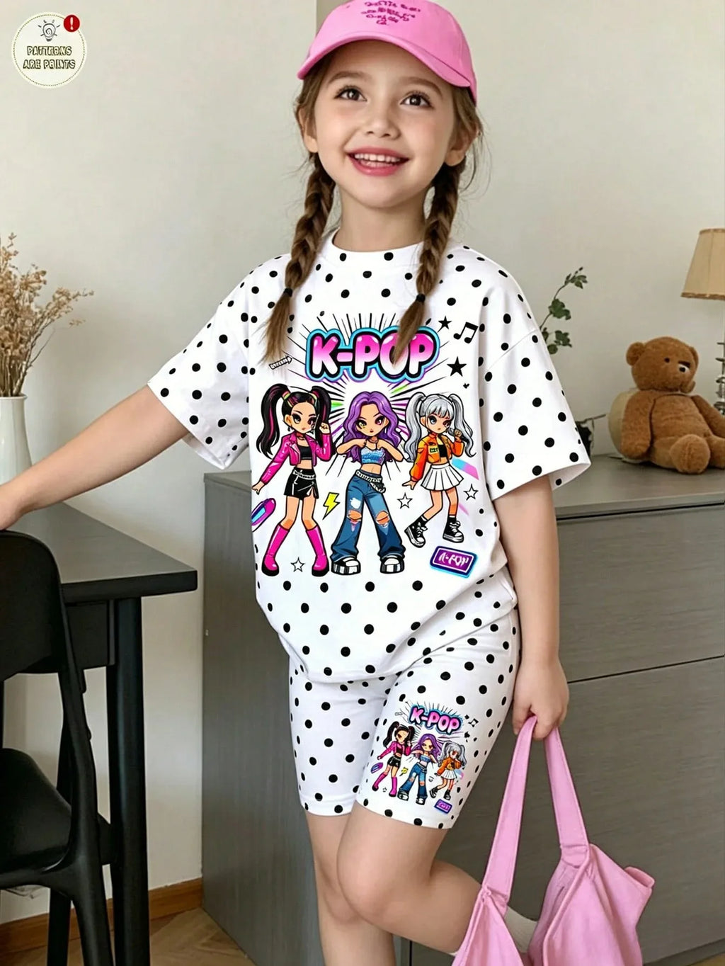 Girls White Polka Dot K-Pop Cartoon 2Pcs Outfit Neon Pop Singer Print Tee Full Dot Matching Graphic Biker Shorts Kids Summer Set