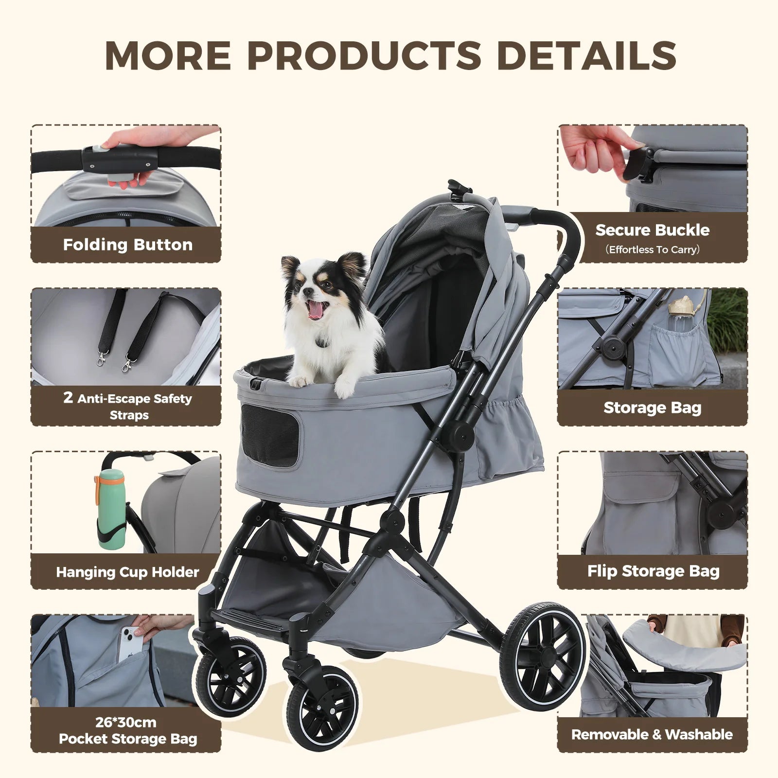 Foldable Pet Stroller for Small Medium Dogs & Cats One-Click Fold Dog Stroller with Reversible Handle Storage Basket Cup Holder Safety Tether Removable Washable Pad Large Cat Stroller Pet Suplies for Outdoor