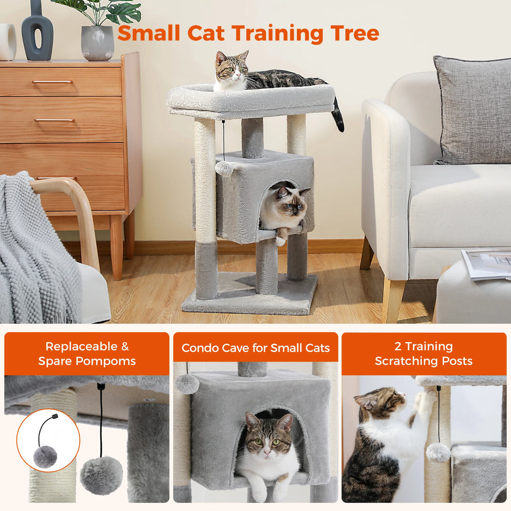 Small Cat Tree Tower with Natural Sisal Scratching Posts Soft Top Perch and Plush Pom-pom Cozy Cat Condo Bed for Indoor Cat Toys