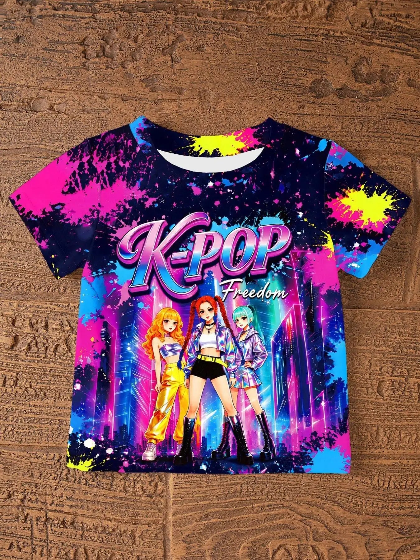 Girls' two-piece outfit featuring a neon ink-wash style with anime-inspired idol aesthetics; includes a crew-neck, short-sleeved