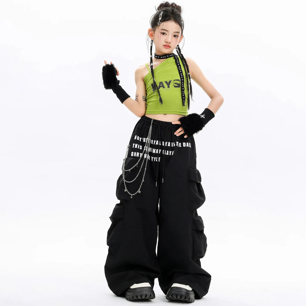 Girls Hip Hop Dance Outfit Neon Green Sleeveless Top with Black Letter Print Pants for Teenage Stage Street Wear Clothes Set