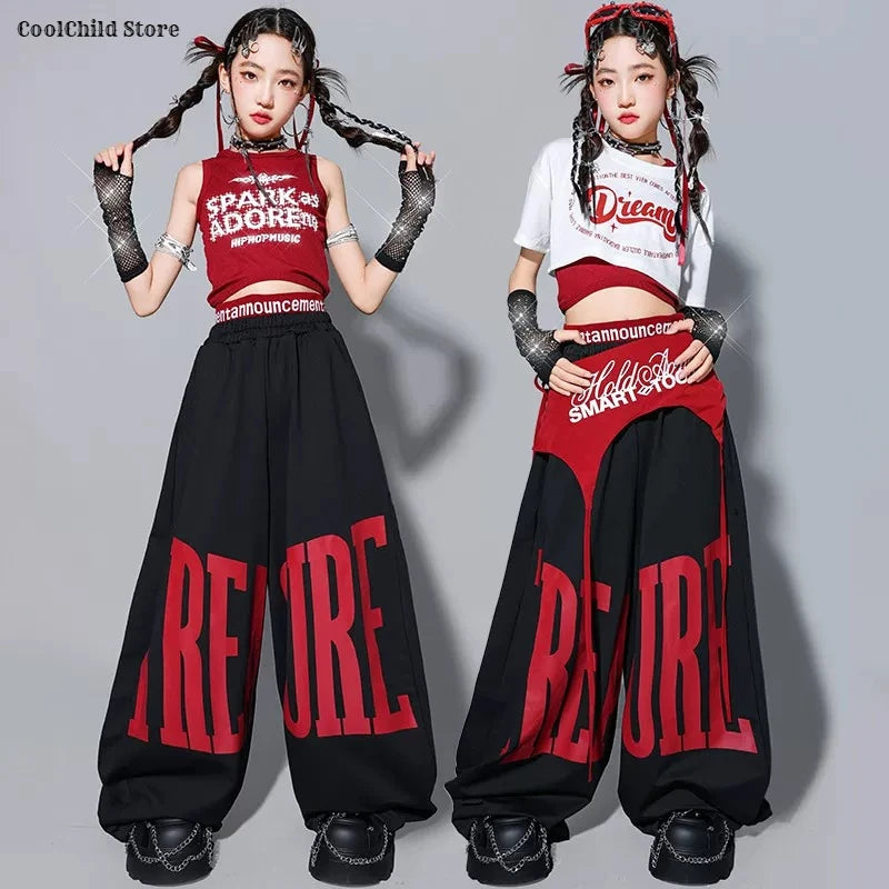 Girls Hip Hop Crop Top Loose Street Dance Letters Pants Children K-pop Streetwear Girl Group Clothes Set Kids Jazz Stage Costume