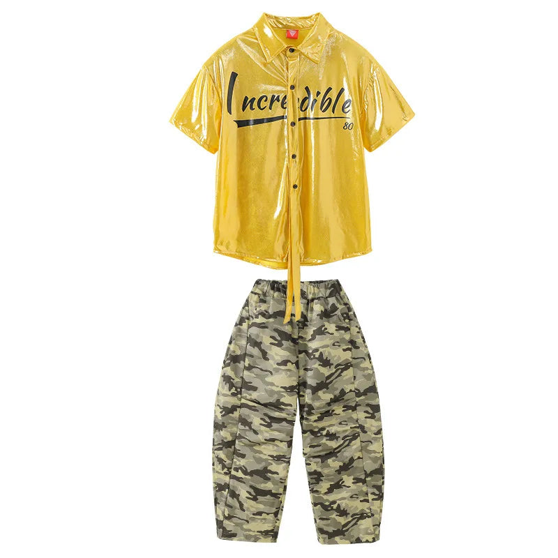 Hip Hop Boys Bright Shiny Shirt Camouflage Pants Girls K-pop Streetwear Children Street Dance Costumes Kids Jazz Clothes Sets