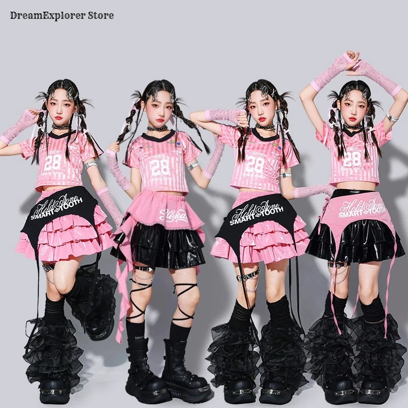 Kids K-pop Crop Top Street Dance Shiny Pleated Skirt Girls Hip Hop Streetwear Children Jazz Costume Girl Group Stage Clothes Set