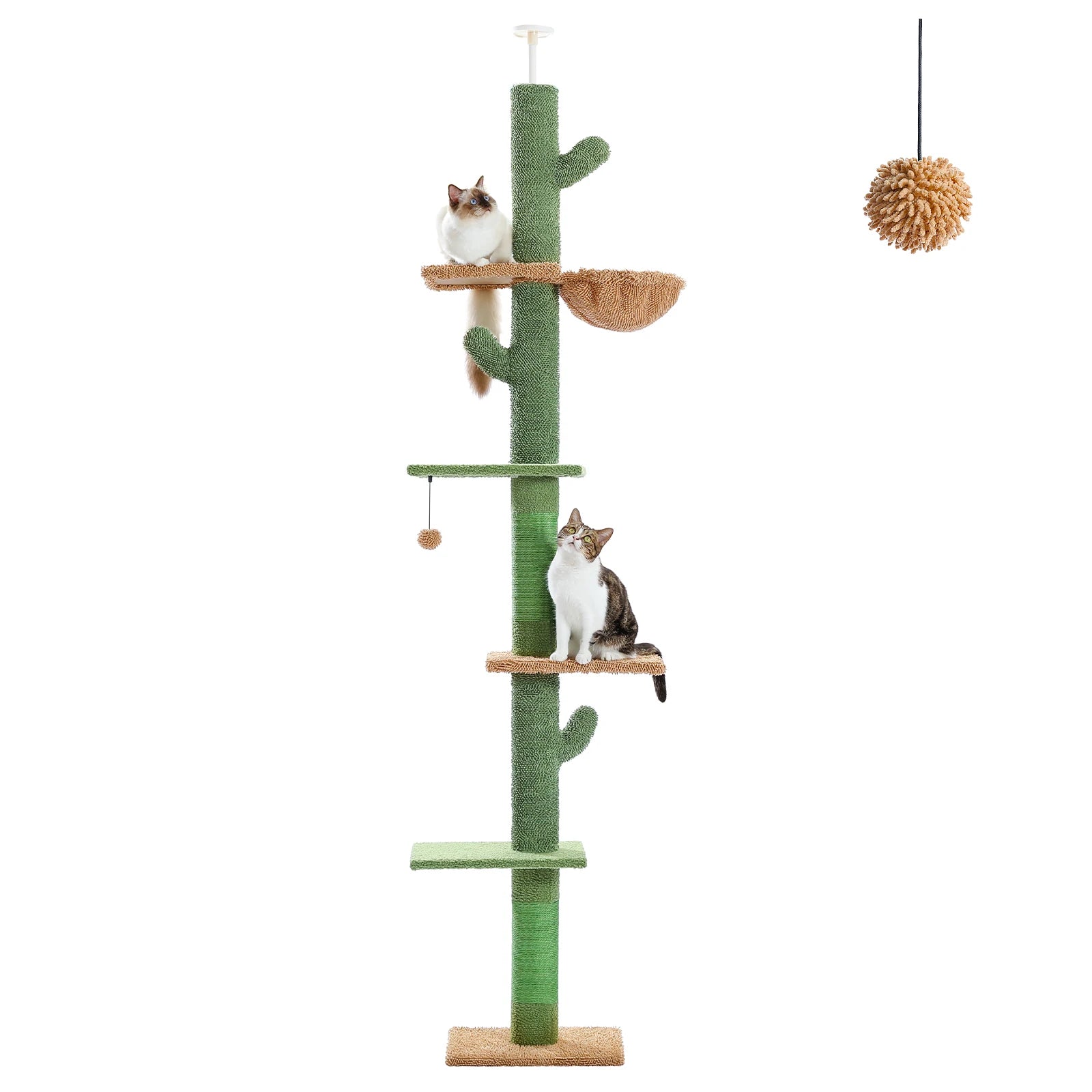 Adjustable Height Cat Tree with Cozy Hammock Sisal Scratching Posts Dangling Ball Floor to Ceiling Cat Tower for Indoor Cat Toys