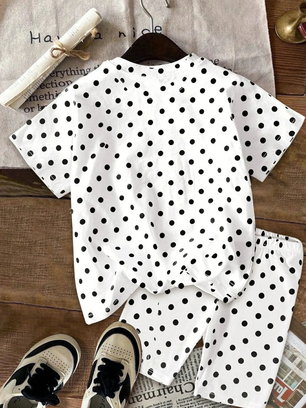 Girls White Polka Dot K-Pop Cartoon 2Pcs Outfit Neon Pop Singer Print Tee Full Dot Matching Graphic Biker Shorts Kids Summer Set