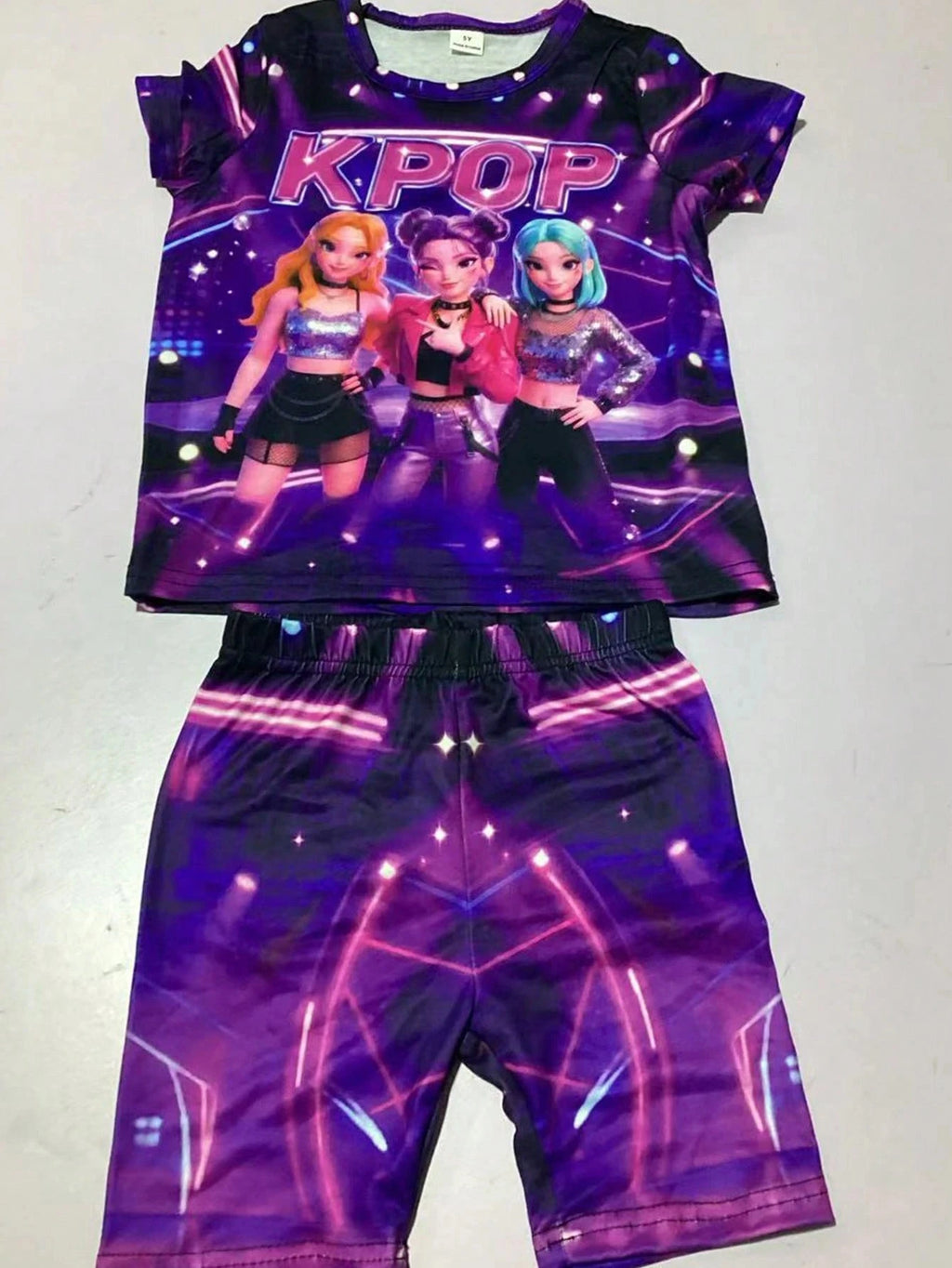 Little Girl Purple Neon Kpop 3D Idol Printed T-shirt with Bicycle Shorts 2-piece Set Concert Music Children's Set