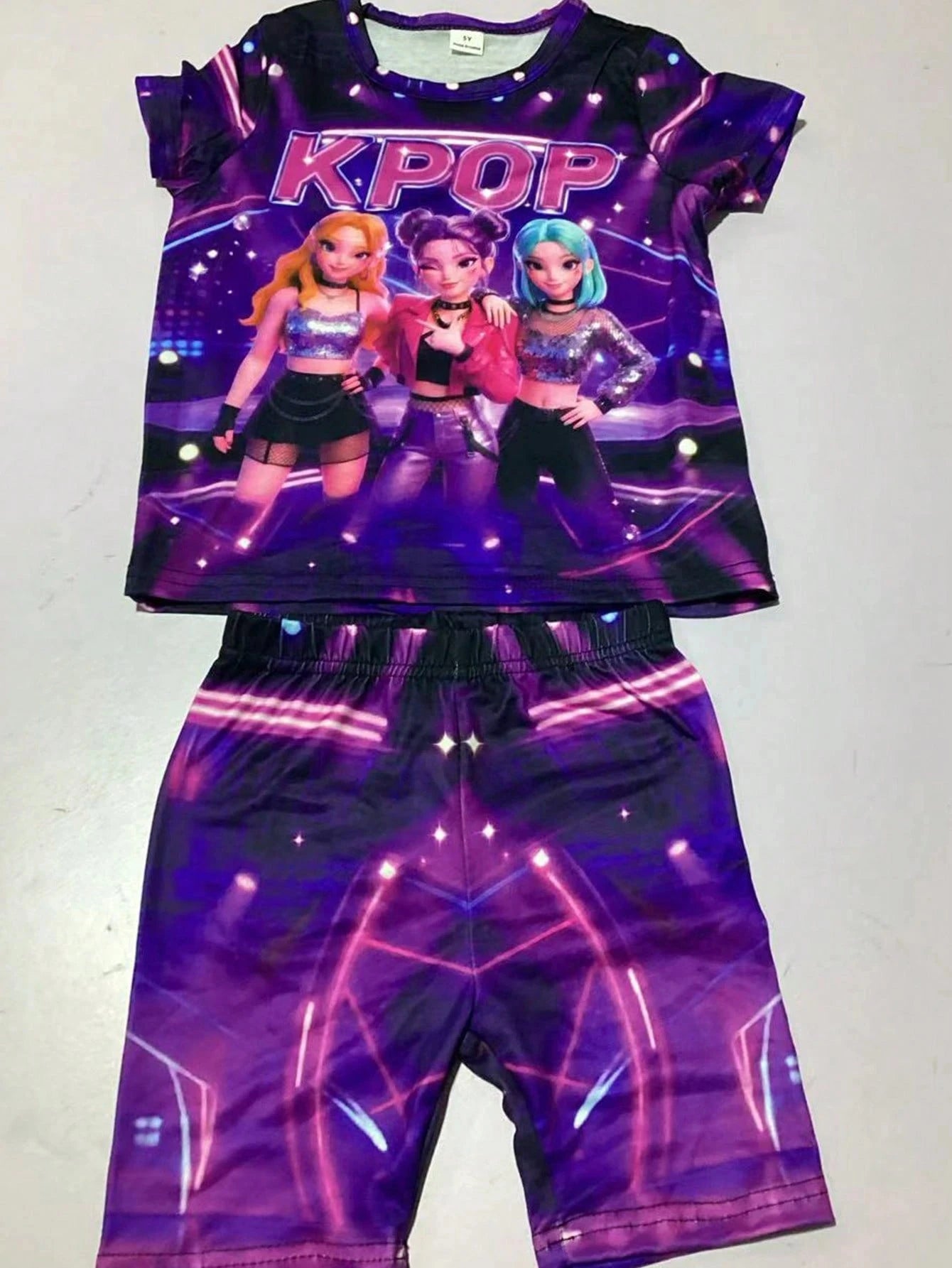 Little Girl Purple Neon Kpop 3D Idol Printed T-shirt with Bicycle Shorts 2-piece Set Concert Music Children's Set