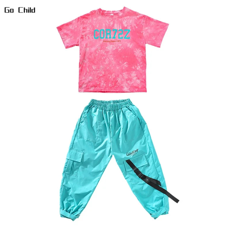 Boys Hip Hop Tie-dyed T-shirt Vest Street Dance Cargo Pants Girls Colorful Tee Clothes Sets Kids Streetwear Child Jazz Costumes