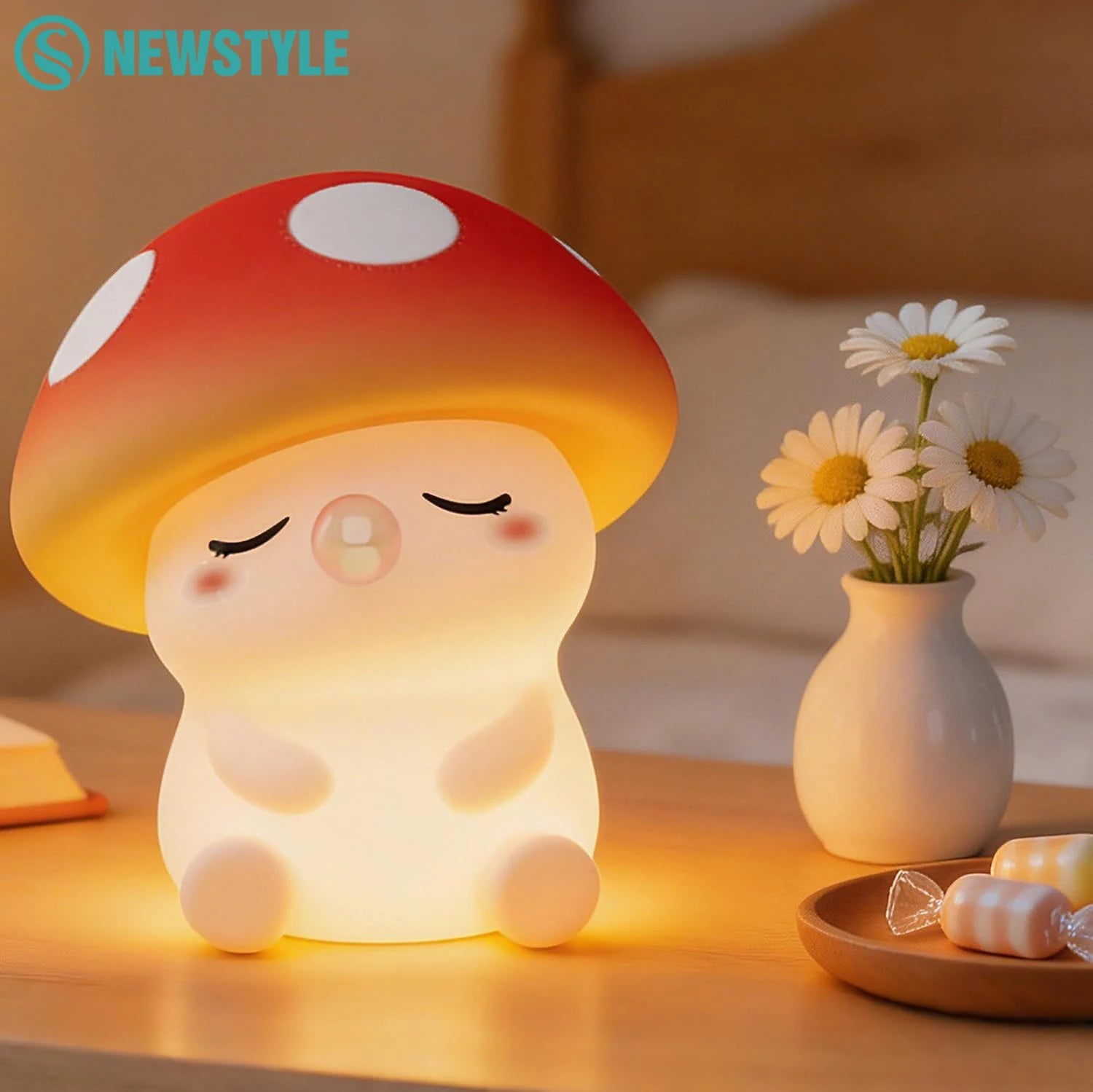 Mushroom Night Light Squishy Silicone Nursery Lamp With Tap Control Warm Light and RGB Color Changing Bedside Sleep Light