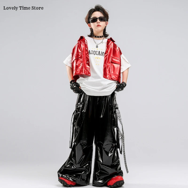 Boys Hip Hop Fashion Shiny Vest T-shirt Street Dance Cargo Pants Girls K-pop Clothes Sets Kids Jazz Costumes Children Streetwear