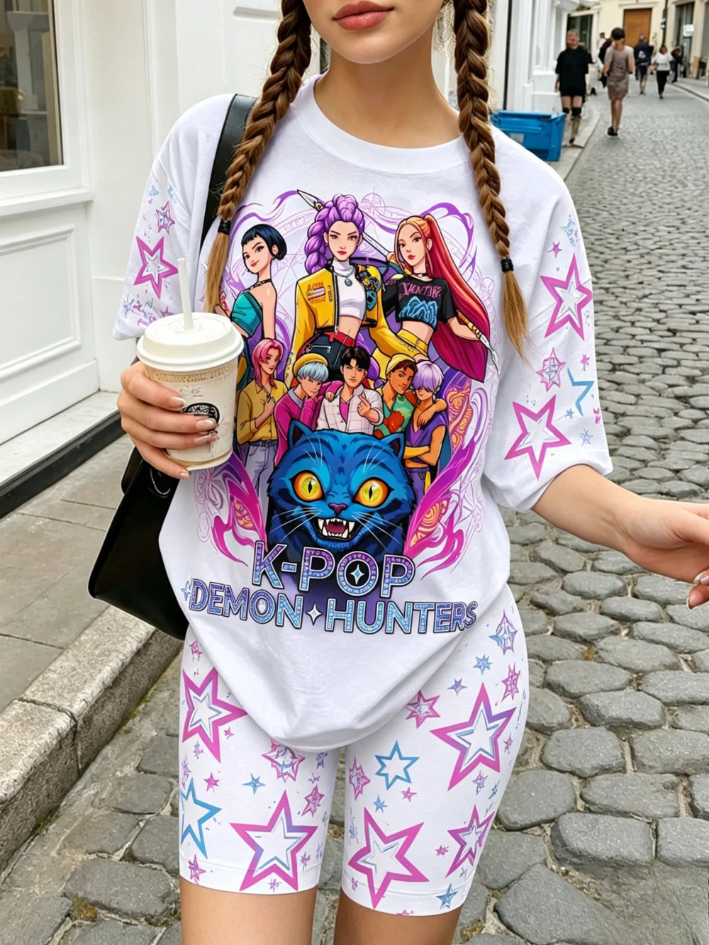 Girls Purple Star K-Pop Demon Hunters 2Pcs Outfit Anime Idol & Blue Cat Print Tee Neon Star Biker Shorts Kids Summer Casual Set
