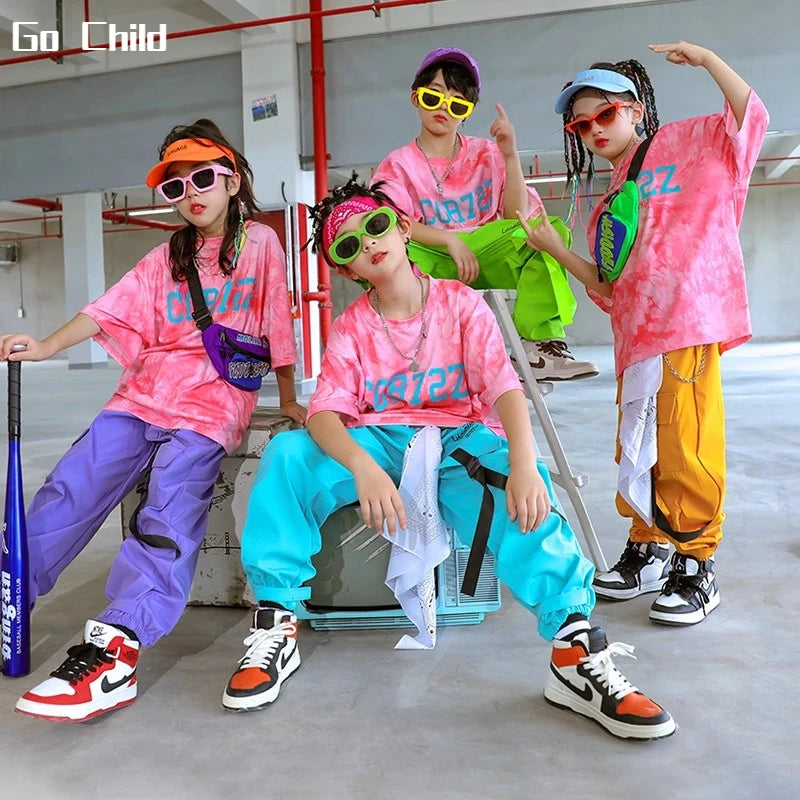 Boys Hip Hop Tie-dyed T-shirt Vest Street Dance Cargo Pants Girls Colorful Tee Clothes Sets Kids Streetwear Child Jazz Costumes