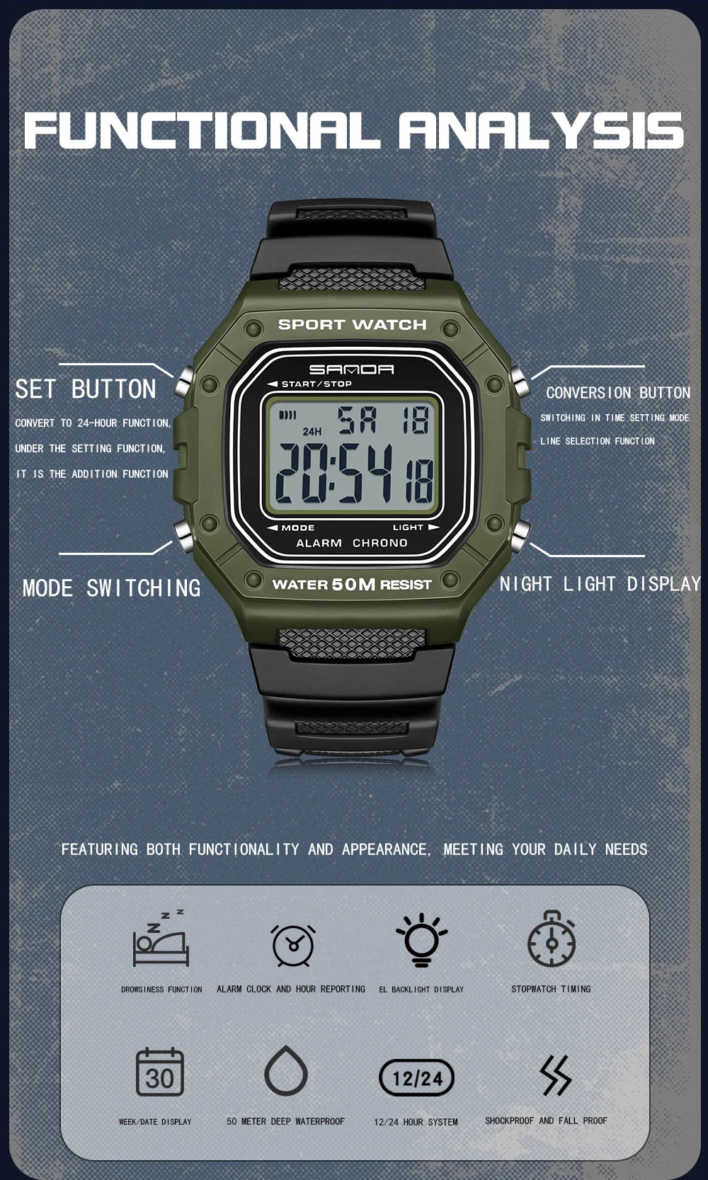 Montre digitale militaire SANDA étanche pour homme – vue 4