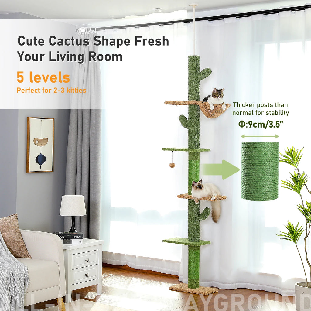 Adjustable Height Cat Tree with Cozy Hammock Sisal Scratching Posts Dangling Ball Floor to Ceiling Cat Tower for Indoor Cat Toys
