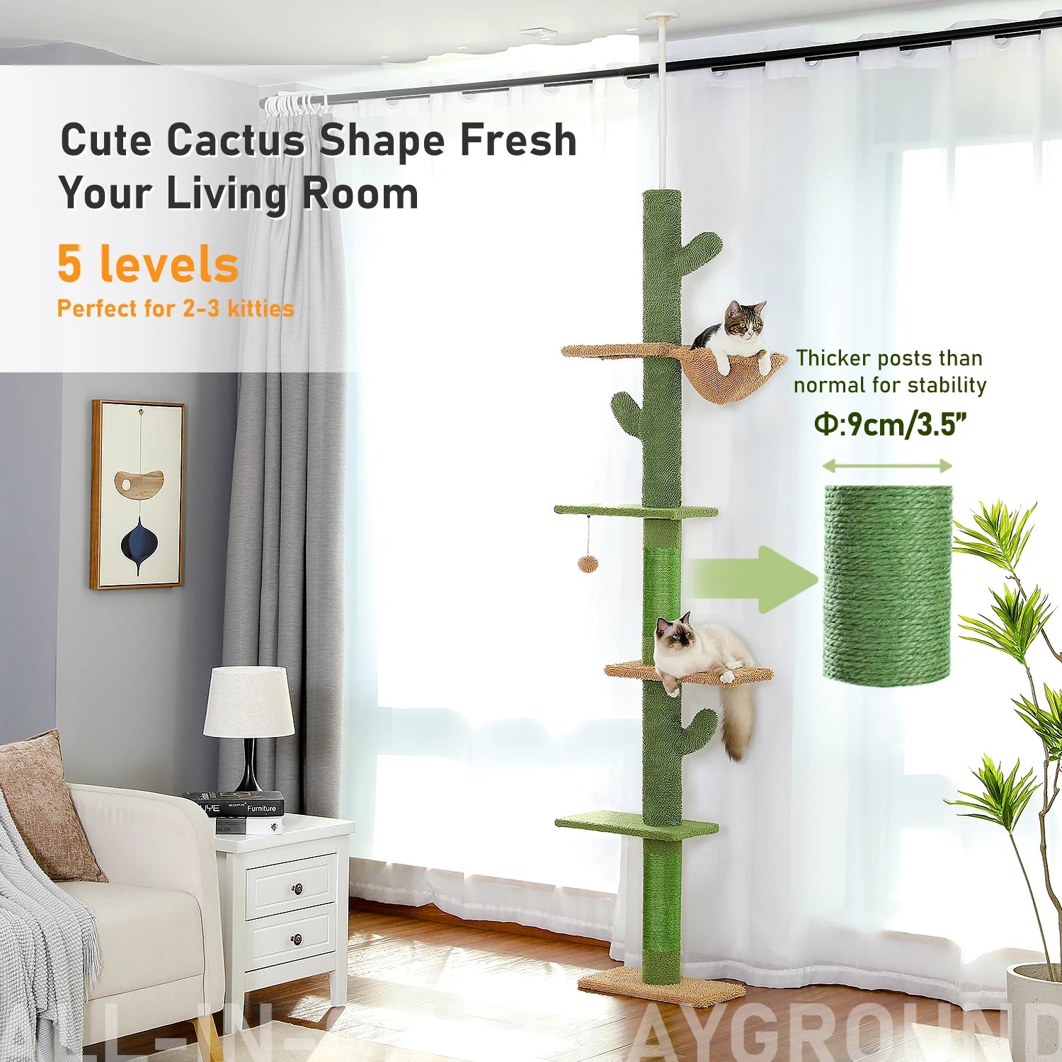 Adjustable Height Cat Tree with Cozy Hammock Sisal Scratching Posts Dangling Ball Floor to Ceiling Cat Tower for Indoor Cat Toys