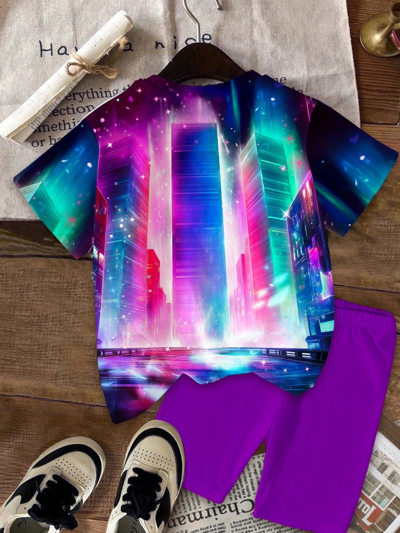 Little Girl Neon City KPOP3 Anime Idol Printed T-shirt Solid Color Purple Cycling Shorts2-piece Fashion Pop Music Children's Set