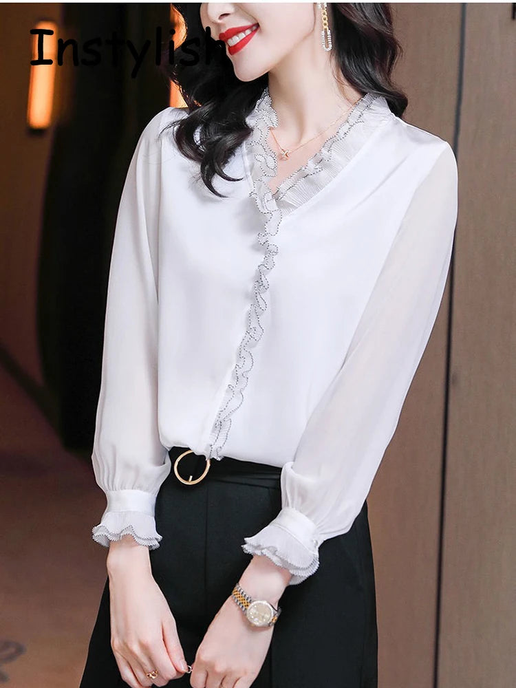 Blouse en mousseline col V à volants manches longues femme – vue 2