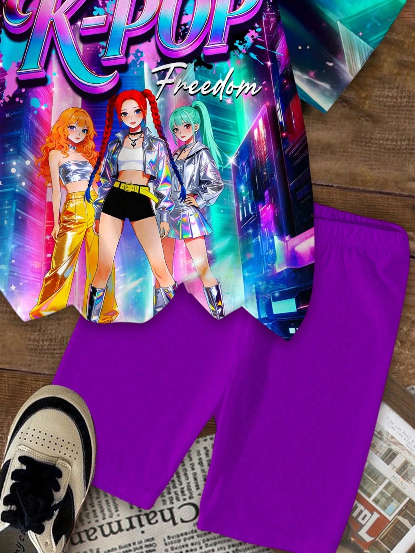 Little Girl Neon City KPOP3 Anime Idol Printed T-shirt Solid Color Purple Cycling Shorts2-piece Fashion Pop Music Children's Set