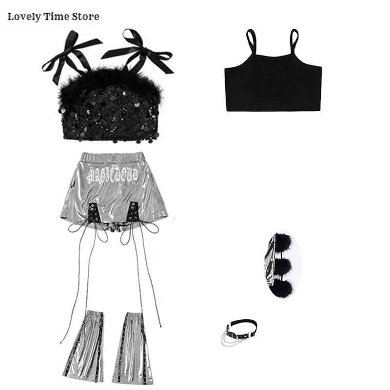 Hip Hop Girls Sequin Crop Top Silver Street Dance Shorts Kids K-pop Streetwear Costumes Children Jazz Girl Group Clothes Sets