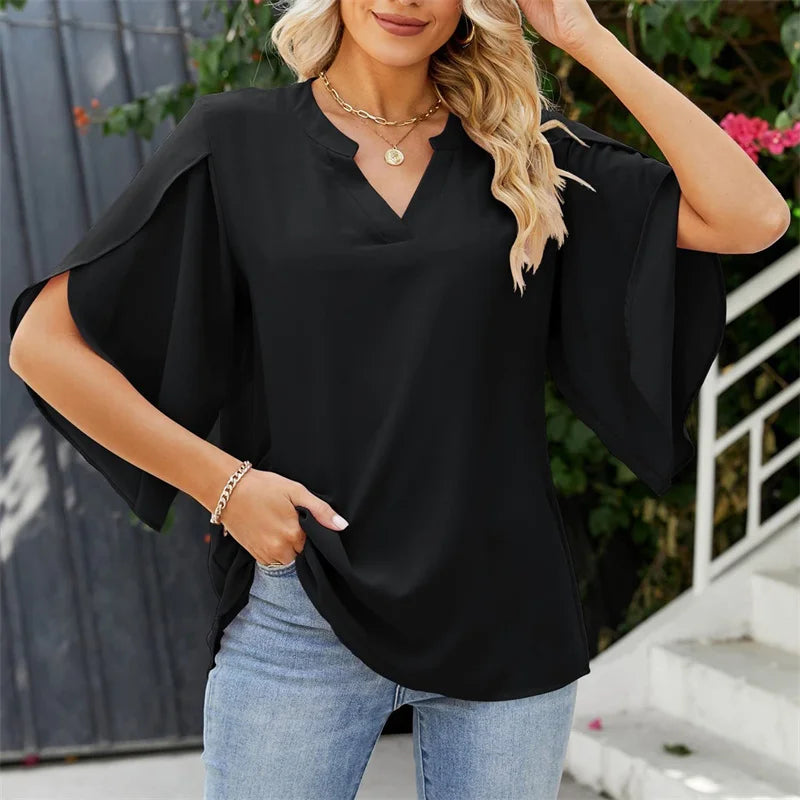 Blouse en mousseline col V manches évasées pour femme – vue 3