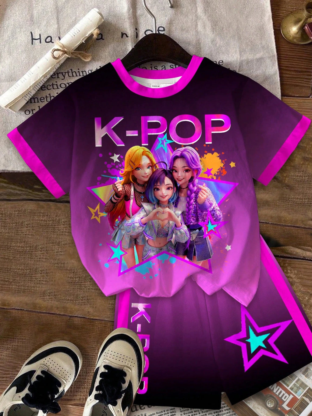 Children's Girl Deep Purple Magenta Gradient Kpop 3D Stage Girl Team Pattern T-shirt Neon Star Side Striped Shorts