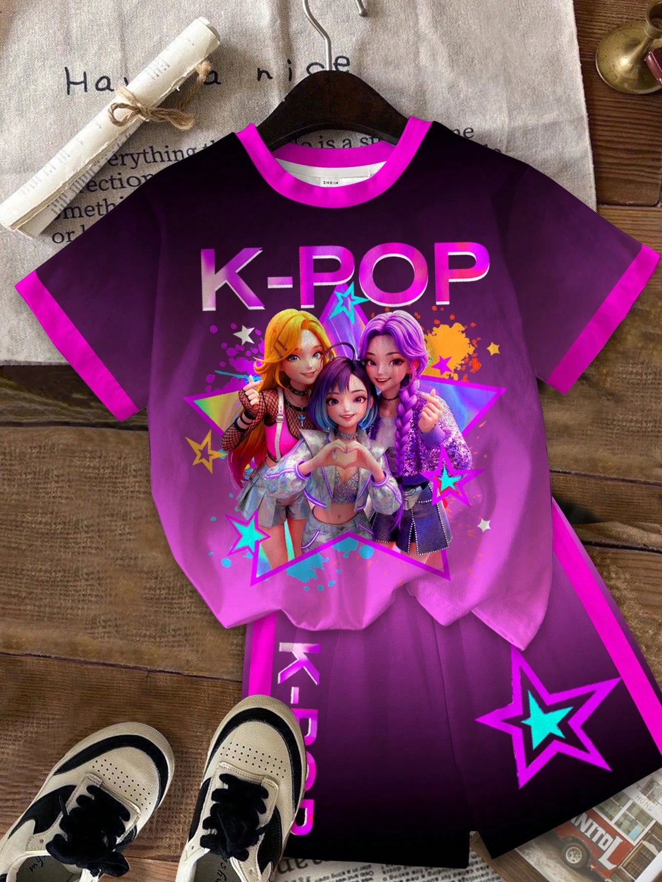 Children's Girl Deep Purple Magenta Gradient Kpop 3D Stage Girl Team Pattern T-shirt Neon Star Side Striped Shorts