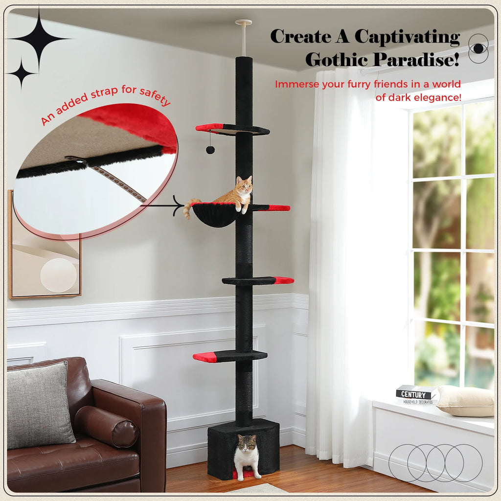 Adjustable Height Cat Tree with Cozy Hammock Sisal Scratching Posts Dangling Ball Floor to Ceiling Cat Tower for Indoor Cat Toys