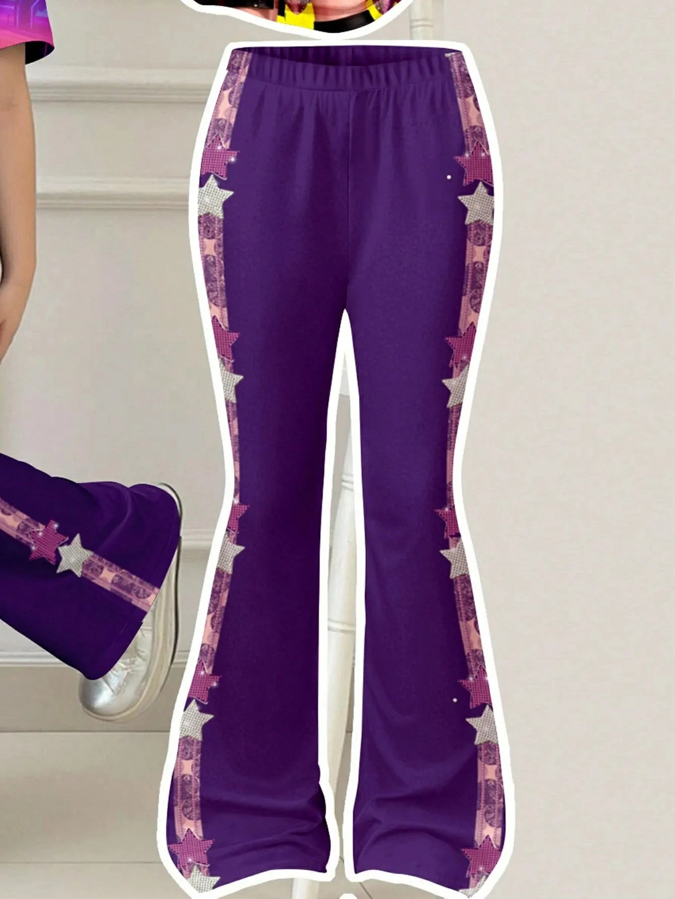 Girl Kpop 3Dcartoon idol print 2-piece set purple city neon light short sleeved T-shirt with star side stripes and trumpet shape