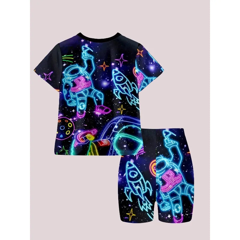 Neon Astronaut Space Print Casual 2PCS T-shirt and Shorts Set Suitable for Birthday Giving, Comfortable Casual Set