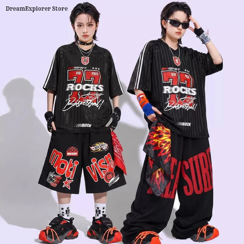 Hip Hop Boys Cool Letters T-shirt Street Dance Loose Pants Girls K-pop Costumes Children Streetwear Kids Jazz Stage Clothes Sets